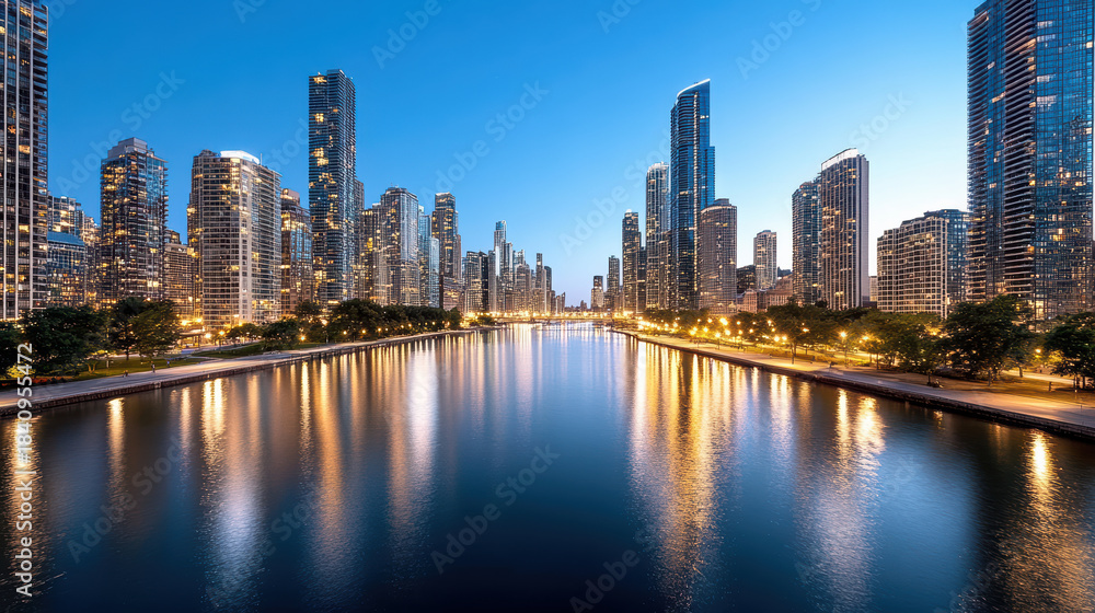 Naklejka premium Twilight city skyline river reflection calm blue hour with illuminated highrise buildings