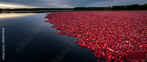 Vibrant Red Cranberries Floating on Water During Harvest