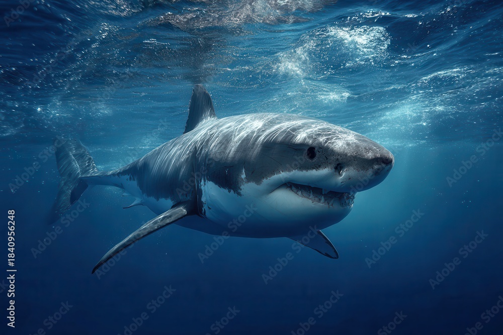 Fototapeta premium Realistic depiction of a shark swimming gracefully in clear blue waters, showcasing its powerful physique and striking features