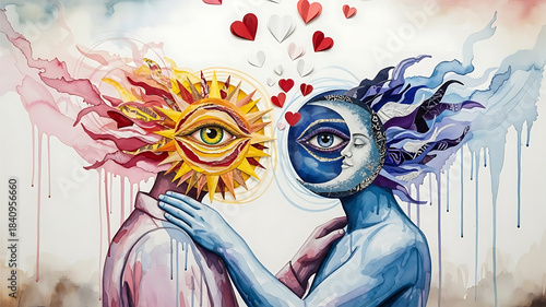 Surreal Watercolor Illustration of Sun and Moon Couple with Dripping Paint and Floating Hearts