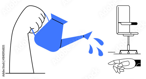 Sustainability, technology advancement, automation, artificial intelligence, growth, modern interiors. A hand pours water from a watering can, a robotic hand and a minimal chair. Sustainability