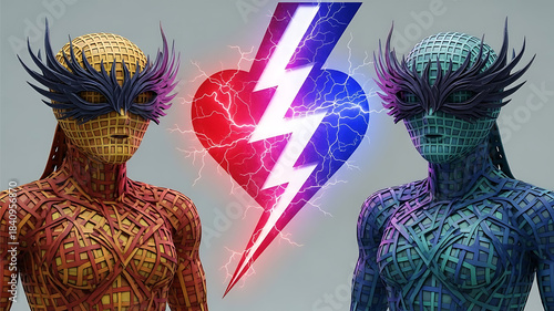 Futuristic Conceptual Illustration of Two Masked Figures Exchanging Energy Over a Heart and Lightning Bolt