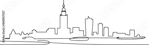 Continuous Line Warsaw Skyline with Riverside Silhouettes Minimal Artistic Illustration