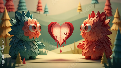 Cute Paper Craft Monsters Looking at a Bleeding Heart in a Whimsical Forest Landscape