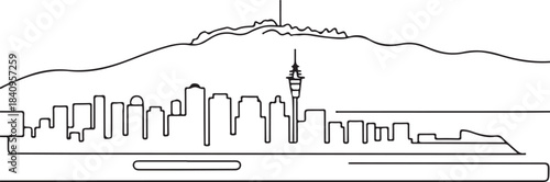 Continuous Line Wellington Skyline with Harbor and Hill Backdrop Minimal Artistic Illustration
