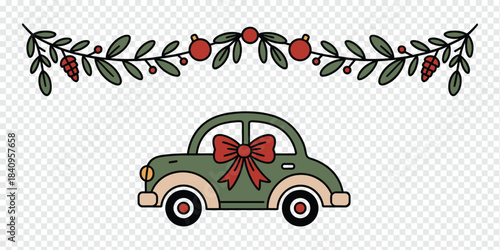 Vintage Green Car with Red Gift Bow and Festive Garland