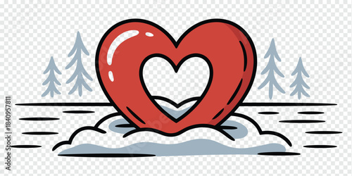 Red heart in snowy landscape with pine trees and footprints, cute winter cartoon illustration.