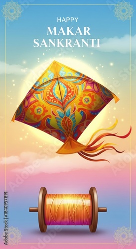 Makar Sankranti Vertical Kite Poster. Premium Festive Illustration.