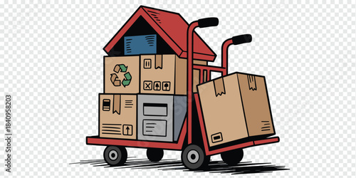 Delivery Hand Truck Vector Illustration with Stacked Moving Boxes and Recycling Symbols