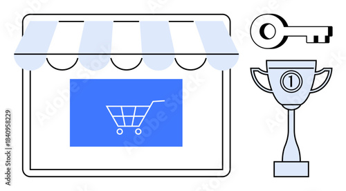 E-Commerce concept. E-Commerce ed by a storefront with a shopping cart, a key access, and a trophy for success. Ideal for online retail, marketing, and technology . Usage includes business growth
