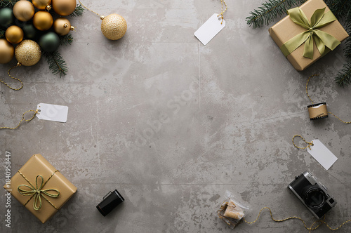 A vibrant Christmas frame of evergreen boughs, red and gold ornaments, pinecones, and plaid ribbon on a knitted background. elegance Christmas frame, and New Year's celebration concepts. copy space