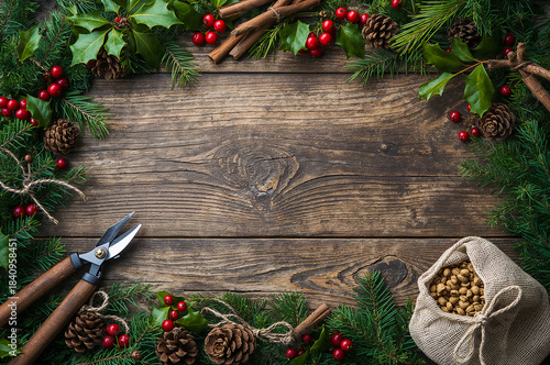 A festive frame of evergreen boughs, holly, cinnamon, and pinecones on a rustic wood background. Ideal for Christmas craft, DIY decor, and natural winter border concepts. copy space