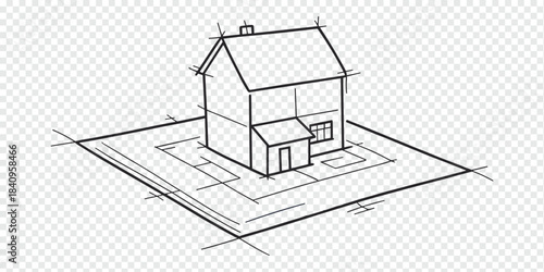 Architectural Blueprint Style Two-Story House with Property Boundaries – Technical Line Drawing
