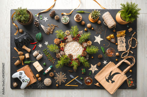 Christmas wreath craft setup with pinecones, greenery, handmade ornaments, and holiday décor essentials—perfect for DIY projects, festive decorating, and creative flatlay styling.