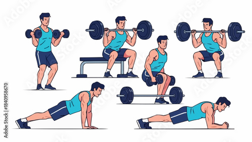Man Performing Various Strength Training Exercises with Weights.