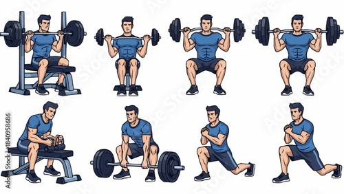 Man performing various weightlifting and bodyweight exercises for strength training.