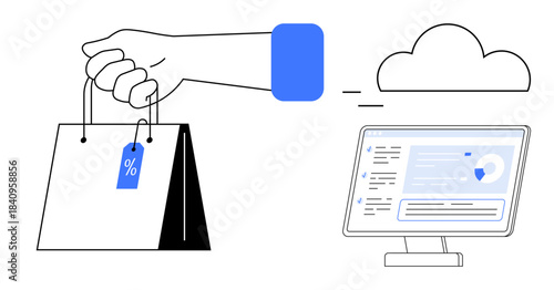 E-commerce, cloud storage, online payment systems, retail solutions, shopping analytics, digital marketplaces. A hand holds a shopping bag with a discount tag near a screen and cloud icon. E-commerce