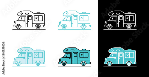 Camper van vehicle icon for travel and outdoor adventure in line and fill style