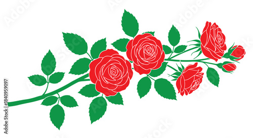 Branch with Pink Roses and Green Leaves flowers