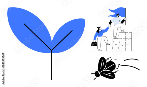 Growth, collaboration, leadership, nature, progress, teamwork. Blue leaf symbol, two characters building blocks flying bug. Growth and teamwork concepts with modern illustration