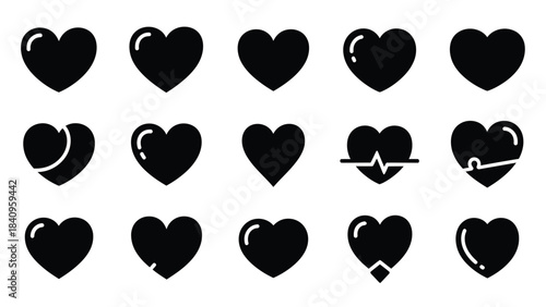 Collection of Black Heart Icons with Variations symbol