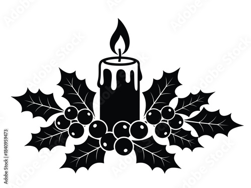 Christmas Candle with Holly and Berries Silhouette