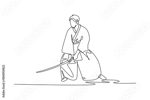 Continuous one line drawing focused human samurai master in traditional robes, in low stance with katana extended. Precise drawing or cutting move. Single line draw design vector graphic illustration
