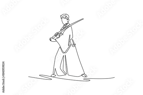 Continuous one line drawing captivating samurai master in traditional robes, standing in wide stance, holding katana diagonally upward and forward. Single line draw design vector graphic illustration