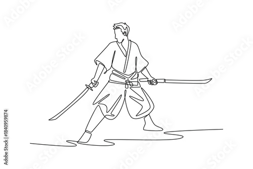 Continuous one line drawing forceful human samurai master in traditional robes standing in wide stance, fiercely wielding two swords in strong pose. Single line draw design vector graphic illustration