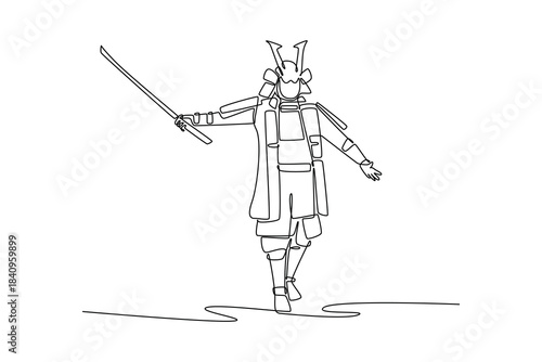 Continuous one line drawing composed human samurai warrior in full armor, marching or walking with one hand holding katana, showing quiet readiness. Single line draw design vector graphic illustration
