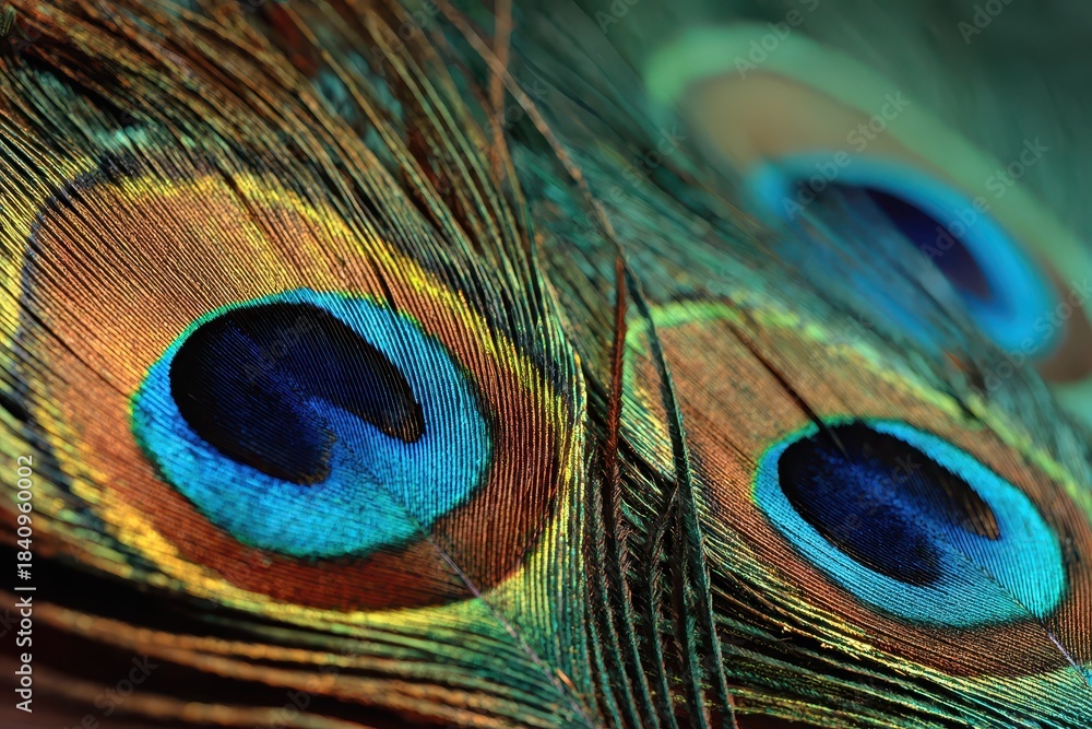Obraz premium Closeup of a vibrant peacock feather showcasing intricate patterns and colors from the beautiful plumage of peafowl found in natural habitats during daylight hours