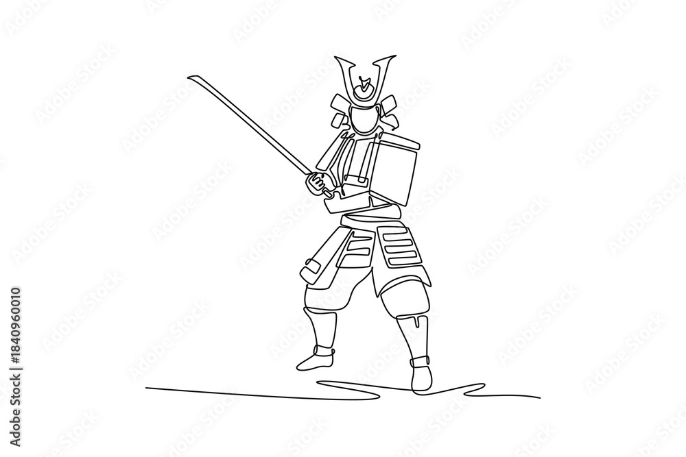 Obraz premium Single continuous line drawing strong samurai warrior in full traditional armor helmet, standing firm in ready stance with katana for immediate strike. One line draw graphic design vector illustration