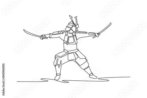 Single continuous line drawing imposing samurai warrior in traditional armor, standing in wide stance and wielding two swords. Representing discipline. One line draw graphic design vector illustration