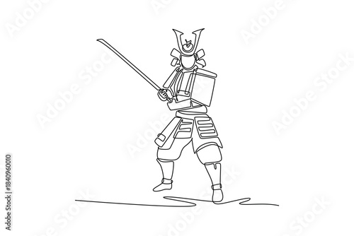 Single continuous line drawing strong samurai warrior in full traditional armor helmet, standing firm in ready stance with katana for immediate strike. One line draw graphic design vector illustration