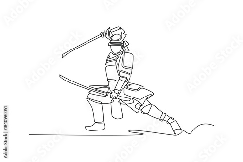 Single continuous line drawing samurai in full armor, lunging forward with two swords in powerful attack pose. Decisive action and historical warfare. One line draw graphic design vector illustration