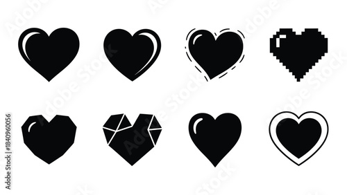 Collection of Eight Black Heart Icons in Various Styles