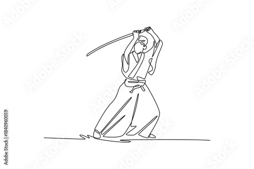 Single one line drawing samurai warrior holding sharp katana above head, poised for powerful downward cut or strike. Focus, power, discipline. Continuous line draw design graphic vector illustration