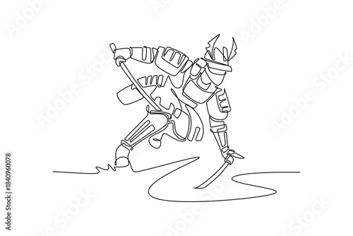 Single one line drawing powerful samurai warrior in full armor and helmet, taking a low stance while drawing sword, depicting combat readiness. Continuous line draw design graphic vector illustration