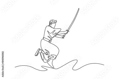 Single one line drawing samurai warrior jumping or leaping in mid-air holding katana sword in dramatic, sweeping diagonal pose, swift and fluid. Continuous line draw design graphic vector illustration
