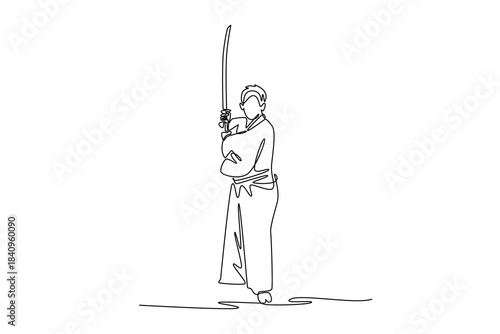 Single one line drawing powerful human samurai standing upright holding katana vertically in front of chest, suggesting moment of intense focus. Continuous line draw design graphic vector illustration