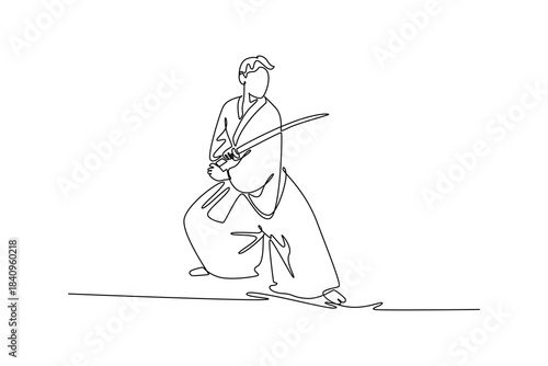 Continuous one line drawing steady samurai in traditional robes holding the katana horizontally across body for defensive or swift cutting movement. Single line draw design vector graphic illustration