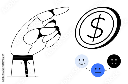 Financial decisions, economic analysis, investment planning, emotional response, budgeting, decision-making. A hand points at a dollar coin with emoticons showing reactions. Financial decisions