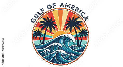 Vibrant circular logo of a tropical sunset with palm trees and waves on a white background