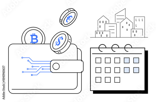 Open wallet with Bitcoin, usd coins, digital patterns, calendar, and buildings. Ideal for finance, cryptocurrency, savings planning technology digital banking investment. Simple flat metaphor