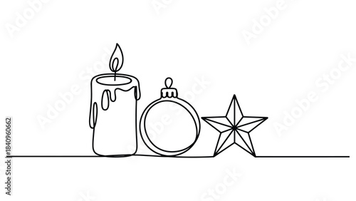 Minimalist continuous line drawing of Christmas decorations including a candle, ornament ball and star, perfect for holiday cards, festive designs and seasonal artwork