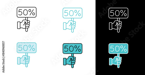 Hand holding fifty percent sign icon for sale and discount promotion in line and fill style