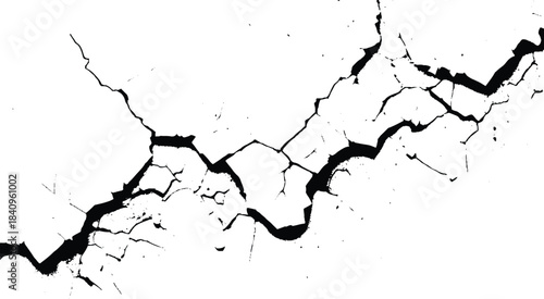 Black crack background. Scratched lines texture. White and black distressed grunge concrete wall pattern for graphic design. Peel paint crack. Dry paint overlay. Crack line on white. 