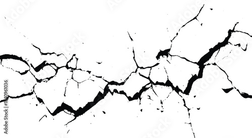 Black crack background. Scratched lines texture. White and black distressed grunge concrete wall pattern for graphic design. Peel paint crack. Dry paint overlay. Crack line on white. 