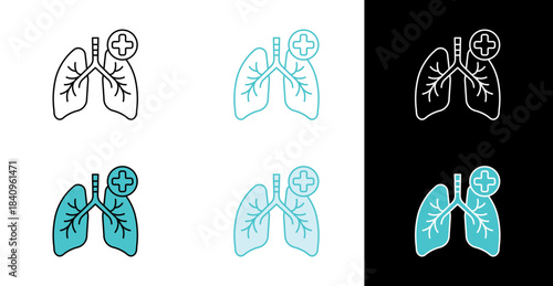 Human lungs anatomy with medical cross icon for respiratory health in line and fill style