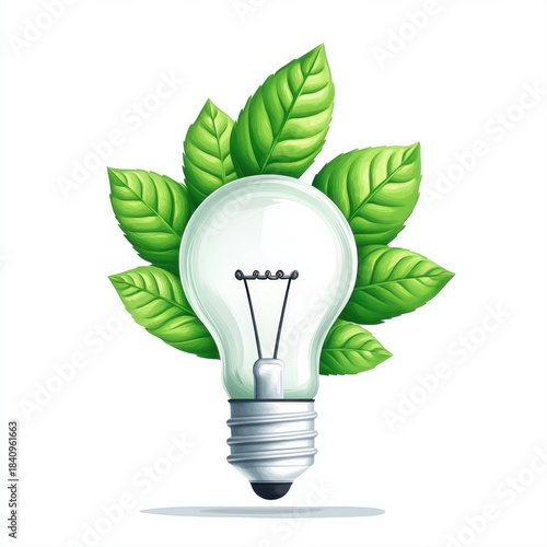 Light Bulb Surrounded by Fresh Green Leaves Representing Eco-Friendly Energy